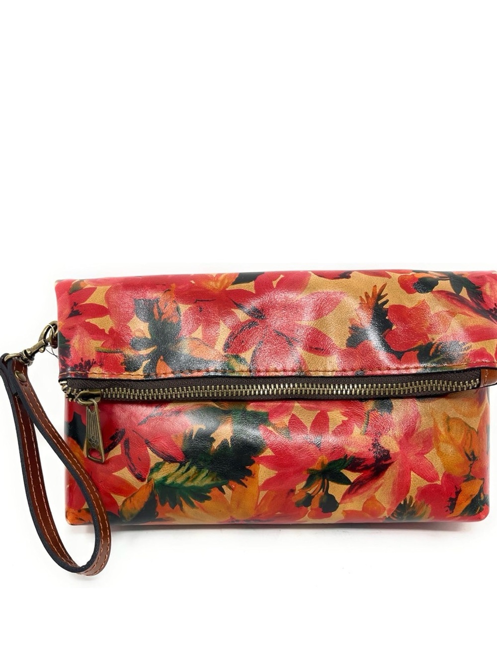 Patricia Nash Vintage Valarie Floral Fold Over Leather Wristlet Clutch Handbag